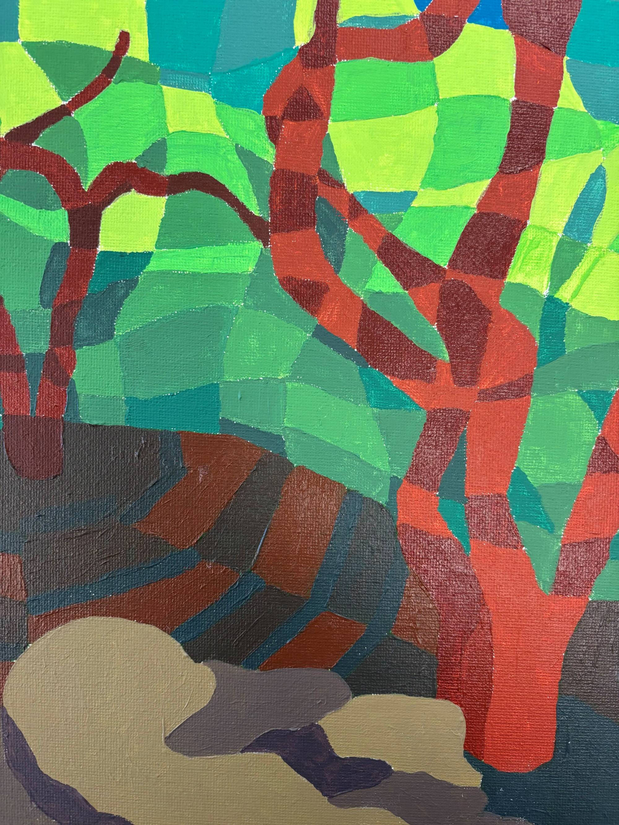 Colorful painted landscape with trees.
